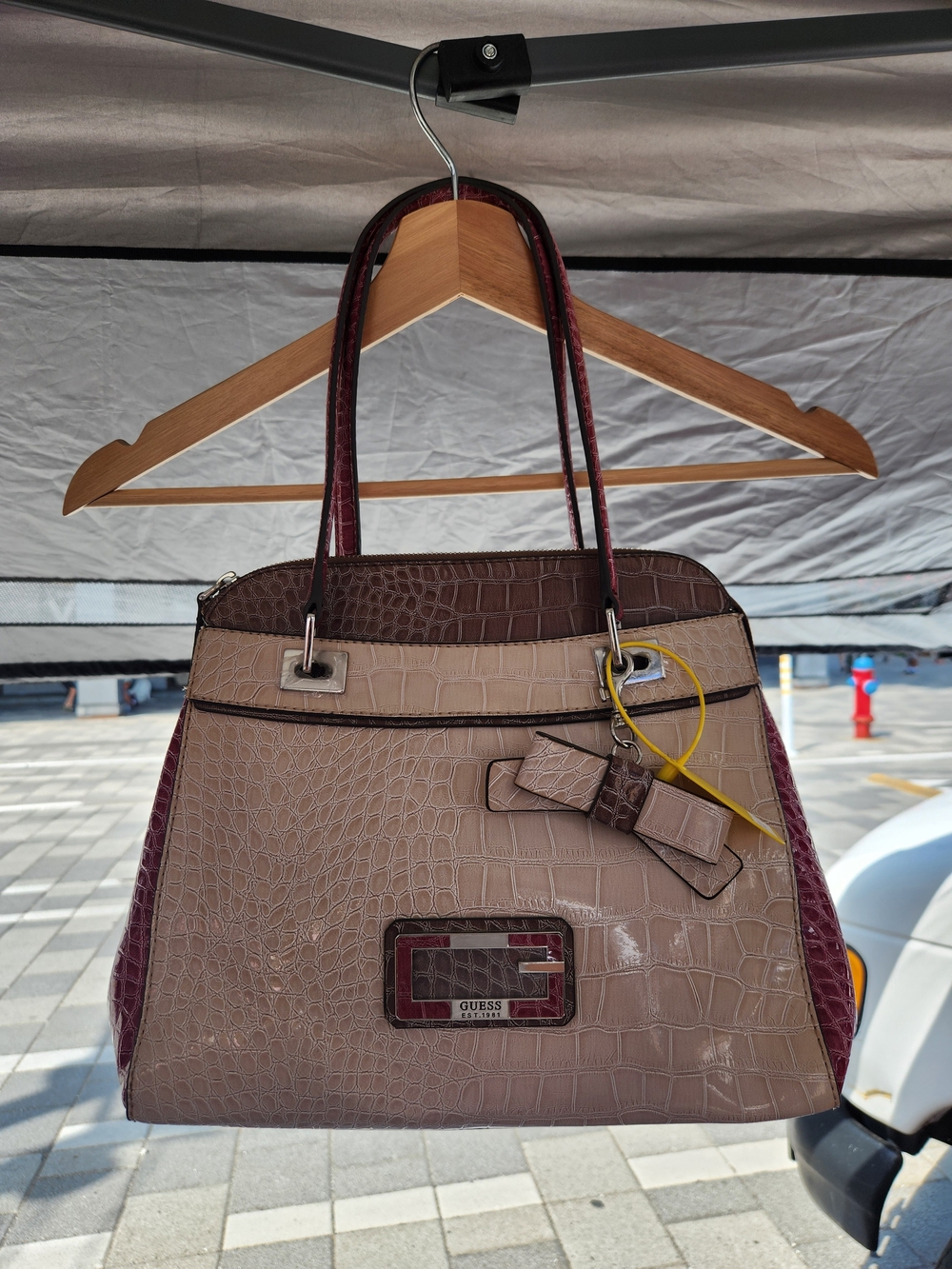 Guess Taupe and Burgundy Croc-Embossed Satchel
